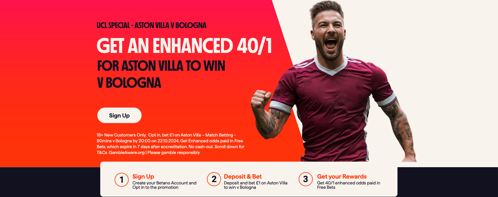 Betano Sign-Up Offer: Get An Enhanced 40/1 For Aston Villa To Win v Bologna